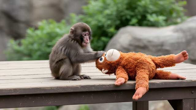 Punch the Monkey, Punch a Young Baby macaque interacting with an orange stuffed animal toy on a wooden table outdoors