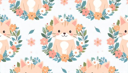 Obraz premium A repeating pattern of cute cartoon foxes surrounded by floral wreaths