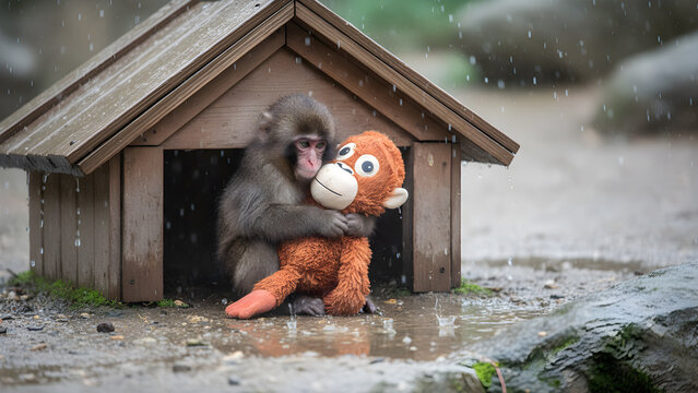 Punch the Monkey, Very Emotional scene, Punch a baby macaque monkey hugging an orange stuffed toy inside a wooden shelter during rain