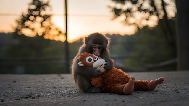 Punch the Monkey, Very Emotional scene, Punch a Young Baby monkey hugging a stuffed animal toy with golden sunset bokeh background outdoors