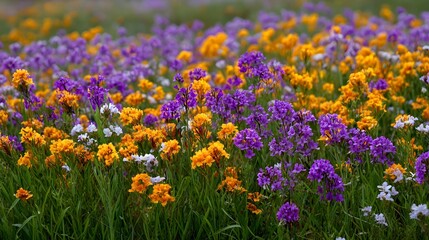 Fototapeta premium A vibrant meadow filled with blooming purple yellow and white wildflowers under natural daylight
