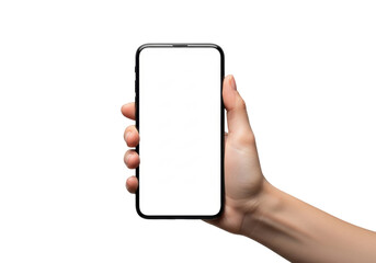 slender female hand gripping a black smartphone with a blank white screen, macro close-up, hyperrealistic skin texture detail, against a seamless transparent background. concept for commercial product