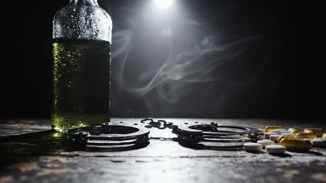 Crime and Addiction Concept Metal Handcuffs Scattered Pills and Green Liquid Bottle on Rustic Wood Surface Dramatic Spotlight Lighting
