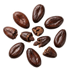 Obraz premium Cocoa Beans Whole and Cracked with Rich Brown Texture Isolated Clipping Path