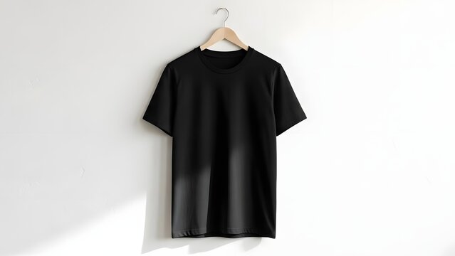 Black tshirt mockup hanging on wooden hanger against light wall off white background