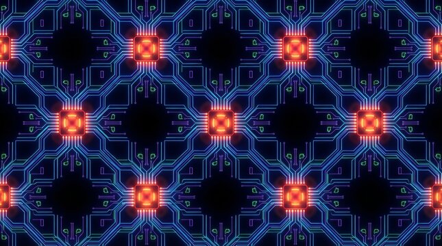 Digital electronic circuit board pattern with glowing blue and orange traces and nodes, futuristic computing and ai network background suggesting data flow, processing, and connectivity