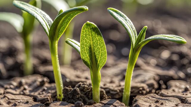 Close-up of young green sprouts breaking through cracked soil with water droplets glistening in sunlight a symbol of new life and growth