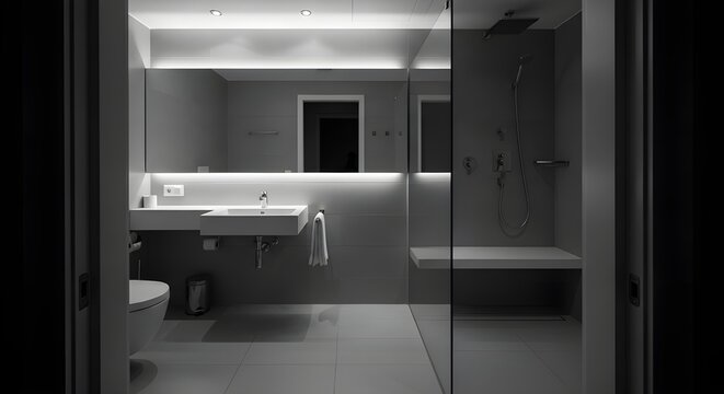 A dimly lit modern bathroom interior with sleek fixtures and mirrors