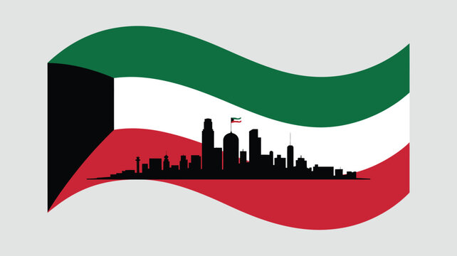 The Kuwaiti flag is depicted as a flowing banner with a silhouette of the country's modern skyline.