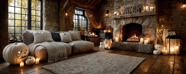 Cozy rustic living room with Halloween pumpkins, autumn candles, and a crackling stone fireplace