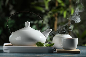 Tray with teapot, cup of hot tea and mint leaves on wooden table outdoors