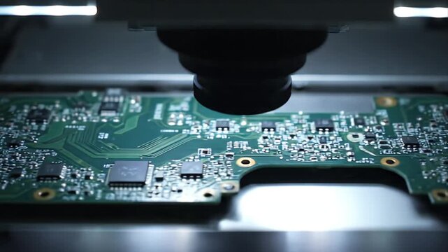 Close up shot of an automated inspection camera system examining a complex green circuit board with intricate microchips and components under bright