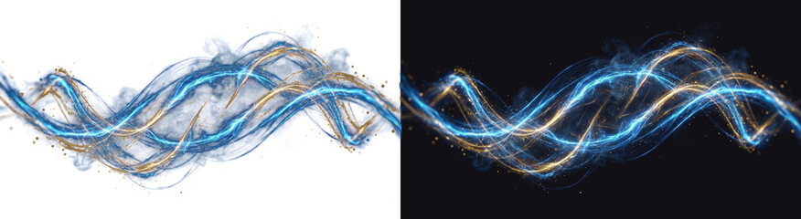 A vibrant digital art piece featuring swirling blue and gold light waves on a transparent PNG background.