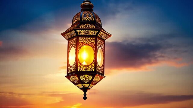 A lantern hangs against a sunset sky, showing intricate designs while light shines through the patterns as evening sets in