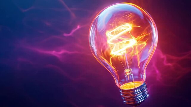 A light bulb emits bright light with a glowing filament set against a dark background, demonstrating concepts of energy and creativity