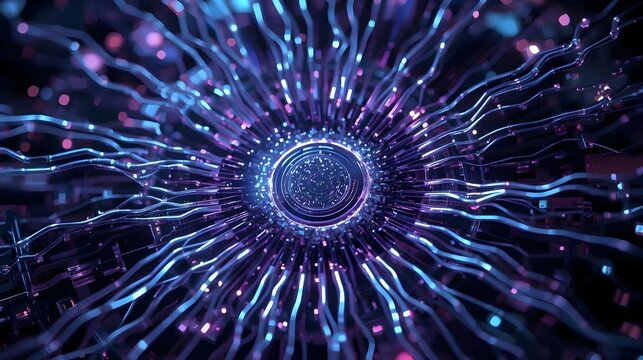 Abstract glowing quantum computer core, futuristic fiber optic neural network and data particles 3D render.