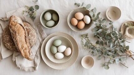 Stylish Easter brunch flat lay with artisan bread, pastel eggs, eucalyptus branches, and ceramic tableware on neutral linen background.