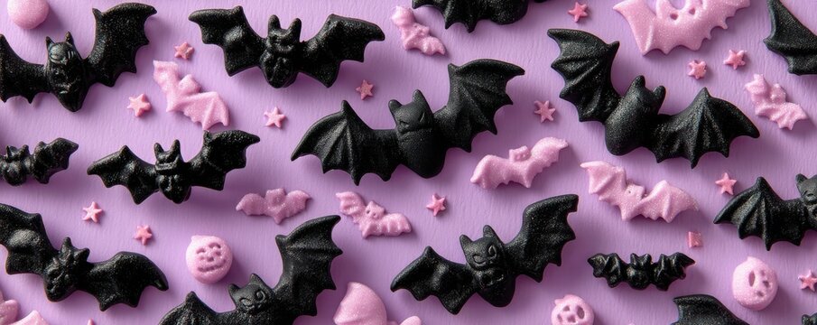 Colorful Halloween bat pattern on a purple background with pink bats and candy decorations