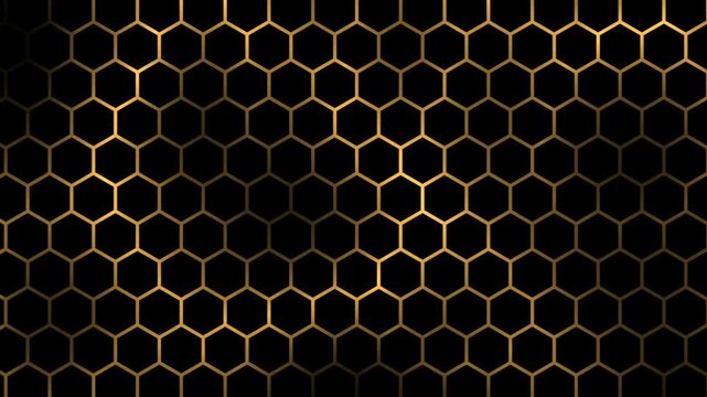 Abstract motion graphic background featuring smooth gradient golden yellow hexagonal line patterns over an elegant black backdrop, creating a luxurious, modern, and futuristic. 