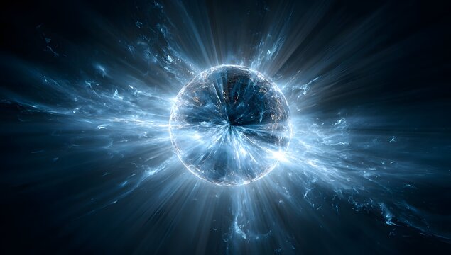 Abstract cosmic blue sphere exploding with radiant light rays and mystical energy waves in deep space galaxy background representing powerful celestial phenomenon and digital artistic energy