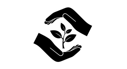 Hands holding a small plant with leaves.