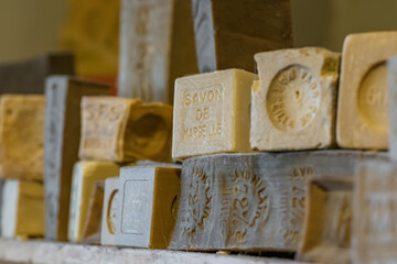 Traditional blocks of Savon de Marseille soap in a Salon-de-Provence boutique