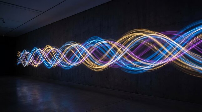 Dynamic light trails featuring blue, purple, and yellow double helix patterns illuminating a dark, minimalist concrete interior, symbolizing data, science, and energy