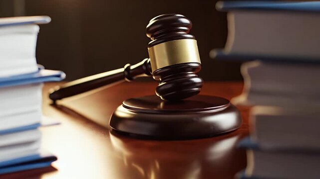 Close-up wooden judge gavel resting on a polished dark wood desk with stacks of blue legal books providing a solemn courtroom atmosphere with warm