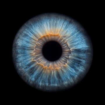 Extreme Nahaufnahme eines menschlichen blauen Auges mit braunem Zentrum, Iris-Detail auf schwarzem Hintergrund