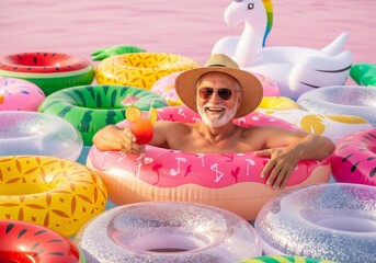 Obraz premium Smiling man in pool with cocktail surrounded by inflatable rings