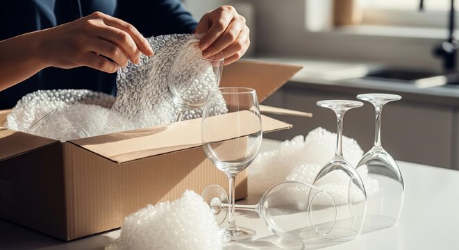 Hands carefully wrapping wine glasses in bubble wrap for moving