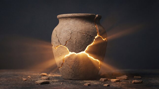 A broken clay pot with cracks emitting warm light on a dark background