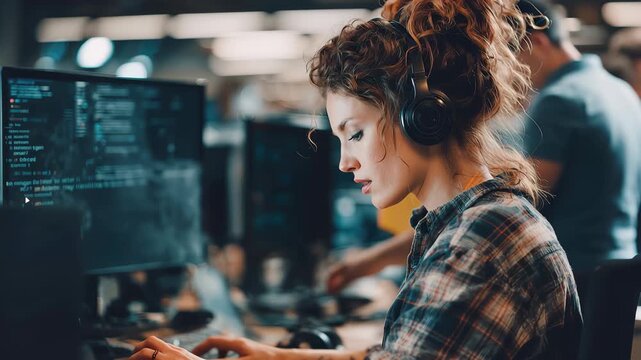 Creative office atmosphere with a professional female programmer coding in a tech workspace in the United States during the day