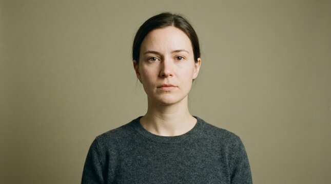 Young woman standing in a minimalist interior, wearing a grey sweater and looking directly at the camera with a calm and neutral expression, conveying concepts of identity and humanity