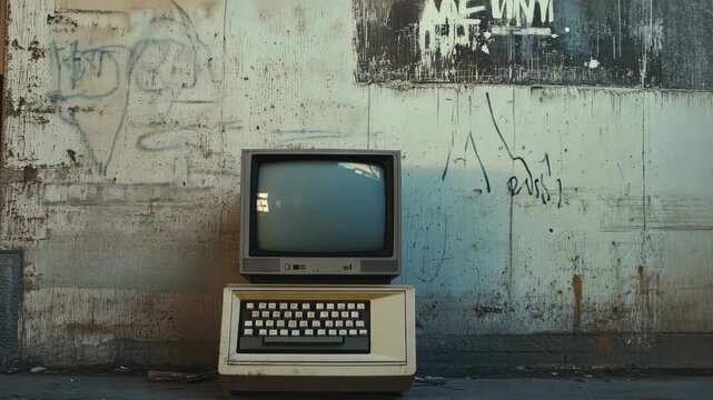 An old computer is placed against a wall covered in graffiti and peeling paint during the day in an urban area