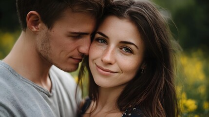 Fototapeta premium A loving couple shares a tender moment outdoors in a field of yellow flowers