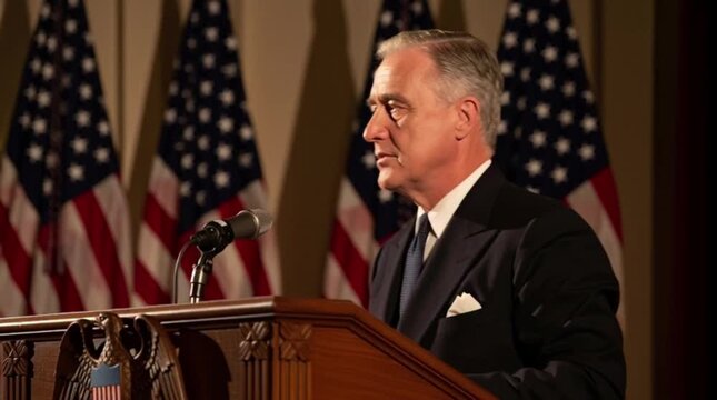 FDR standing at a podium with American flags, ultra-realistic lighting