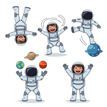 Cartoon children in space suits playing with planets and stars.