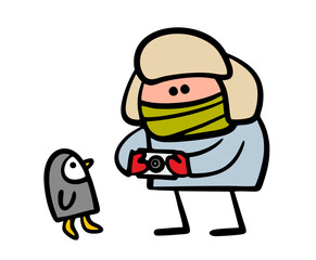 Obraz premium Funny stickman in warm clothes and a fur hat takes pictures of a little penguin in Antarctica. Vector illustration of a wild animal, bird and tourist at the south pole. Cold weather, frost.