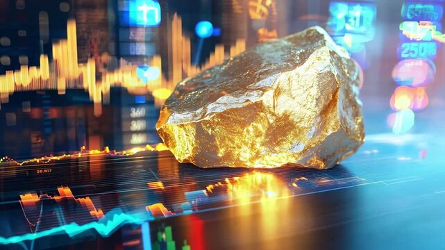 Gold is shown as an investment choice with market data trends highlighted in the background during analysis
