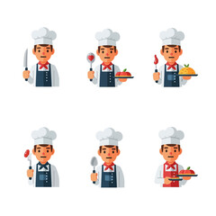 Six cartoon chefs holding various kitchen utensils and ingredients.