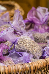 Fragrant Purple Lavender Sachets in Wicker Basket in Provence