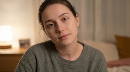 Obraz premium Young woman with natural, makeup-free beauty and direct gaze in a cozy apartment evening setting, head-and-shoulders portrait conveying authenticity, thoughtfulness and relaxed warmth