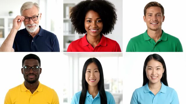 Diverse group of six smiling colleagues in colorful polo shirts in video conference grid, concept for team building workshop, staff training program and corporate communication