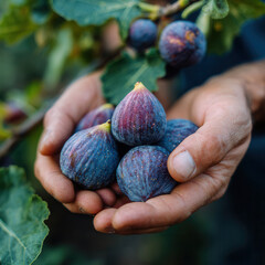 Man holds fresh figs in hands during harvest time in a garden at sunset in late summer