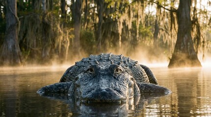 Naklejka premium Alligator resting partly submerged in the tranquil swamp water during a misty sunrise, surrounded by cypress trees draped with spanish moss, showcasing wildlife and the wild nature of the bayou
