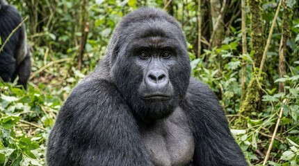 Mountain gorilla silverback primate looking directly at camera, standing in its natural green jungle habitat, representing endangered species and wildlife conservation