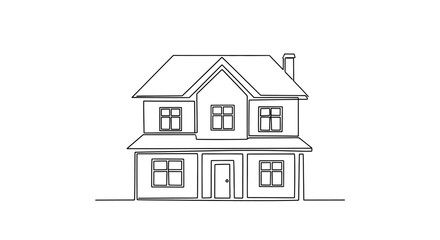 Fototapeta premium A simple, continuous line drawing of a two-story house with a pitched roof and a chimney.