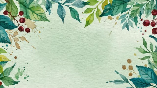 Watercolor border with green and blue leaves and red berries on light green textured paper, concept for greeting card design, eco-friendly packaging and spring event invitation