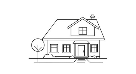 Fototapeta premium A simple line drawing of a two-story house with a prominent gabled roof, dormer window, and a small tree in front.
